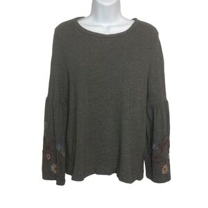 LOFT‎ Womens Med Gray Sweater Embroidered Flowers Cotton Bell Sleeve Boho Artsy